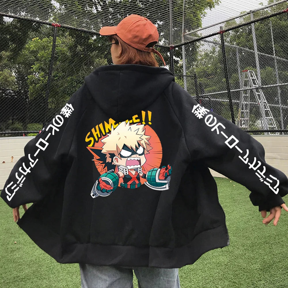 Japan Anime My Hero Academia Unisex Black Long Sleeve Zipper Hoodies Funny Katsuki Bakugou Cartoon Casual Men Winter Coats