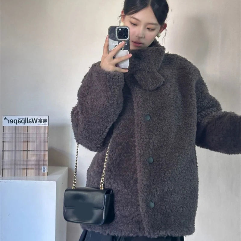 Women Faux Wool Coats Winter Thick Stand Collar Loose Casual Preppy Sweet Jacket Japanese Long Sleeve Button Vintage Outwear New