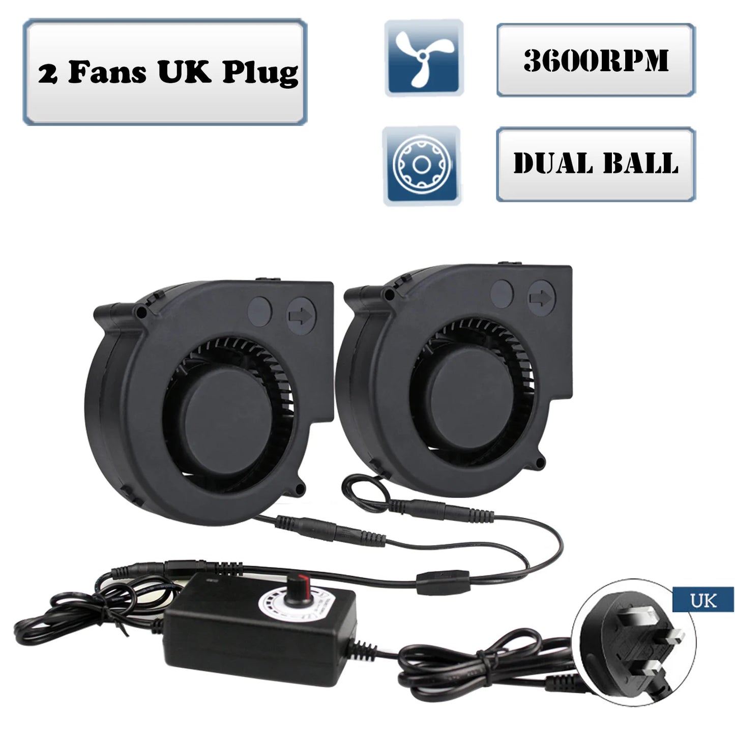 97MM Turbo Blower Fan 12V DC Female Connector 97x94x33mm Centrifugal Cooling Fan w/ AC 100V 220V Power Adapter Adjustable Speed