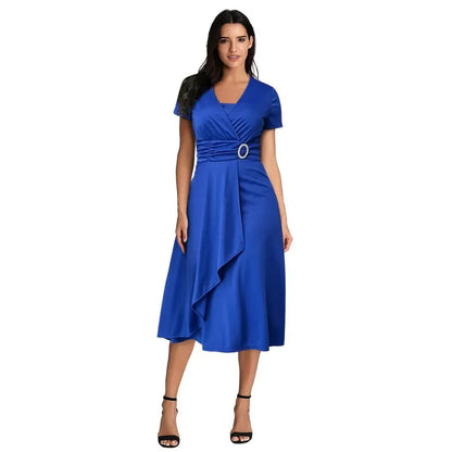 Elegant Women Solid Color Short Sleeve V Neck Asymmetric Hem Waist Tight Midi Party Dress Ladies Evening Vestidos