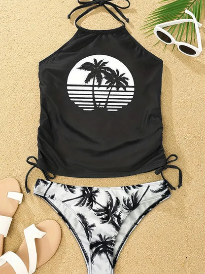 Vigoashely 2025 Sexy Solid Print Tankini Set Tied Halter Swimsuit Women Swimwear Biquinis Summer Backless Beach Bathing Suit
