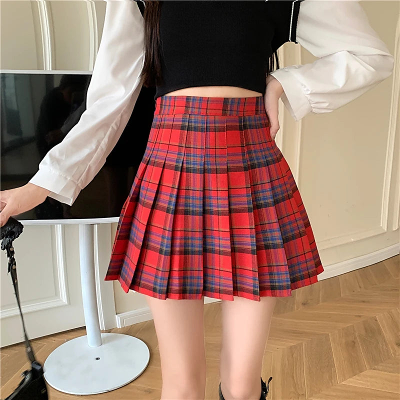 Y2K Tennis Mini Skirt Women Green Red Plaid Thick Wool High Waist Pleated Skirt Student Preppy Style Outfit Christmas