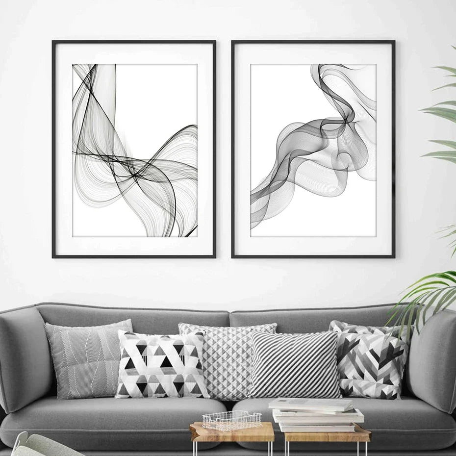 Canvas Prints Paintings Interior Wall Art Minimalist Black White Abstract Wavy Lines Poster Pictures for Living Room Home Decor