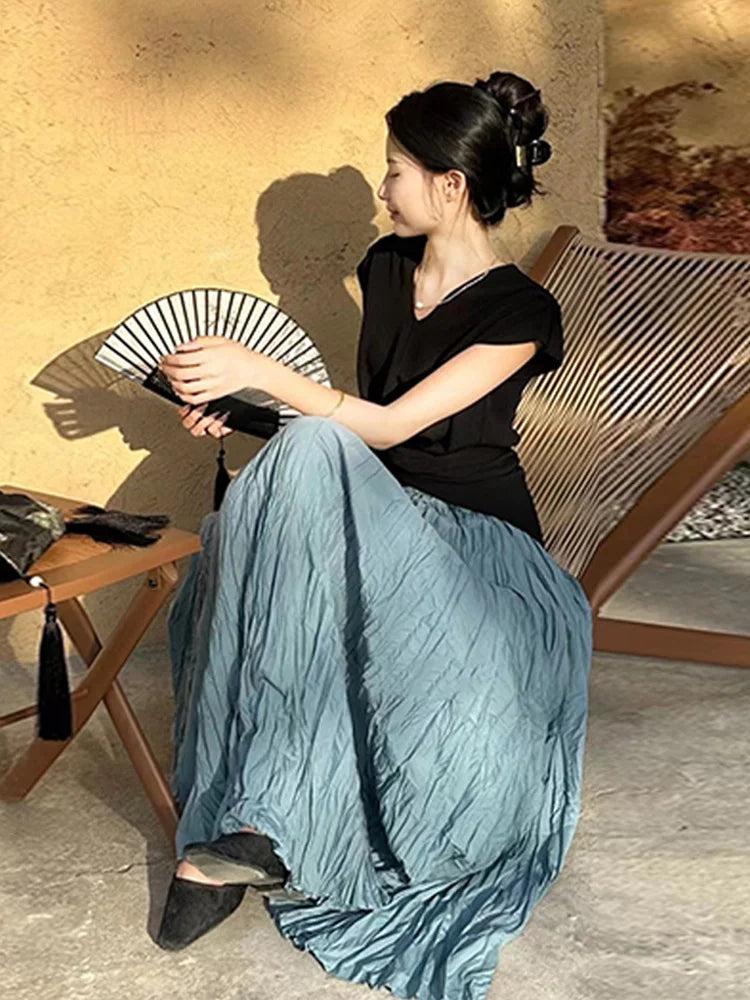Irregular hem Women's skirt Yellow Blue Skirt High Waist skirts y2k skirt pleated Loose women Pleated Skirts Casual Jupe 2025