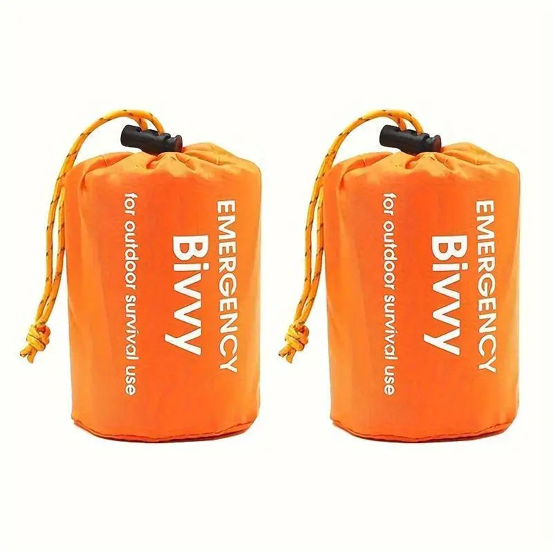Insulated emergency sleeping bag, reusable & compact w/ whistle. PE material, drawstring. For outdoor & first aid.