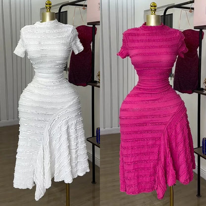 Women Short Sleeve 2025 New High Neck Big Swing Elastic Dress Sweet Elegant Sexy Birthday Night Party Vestidos Event Dresses