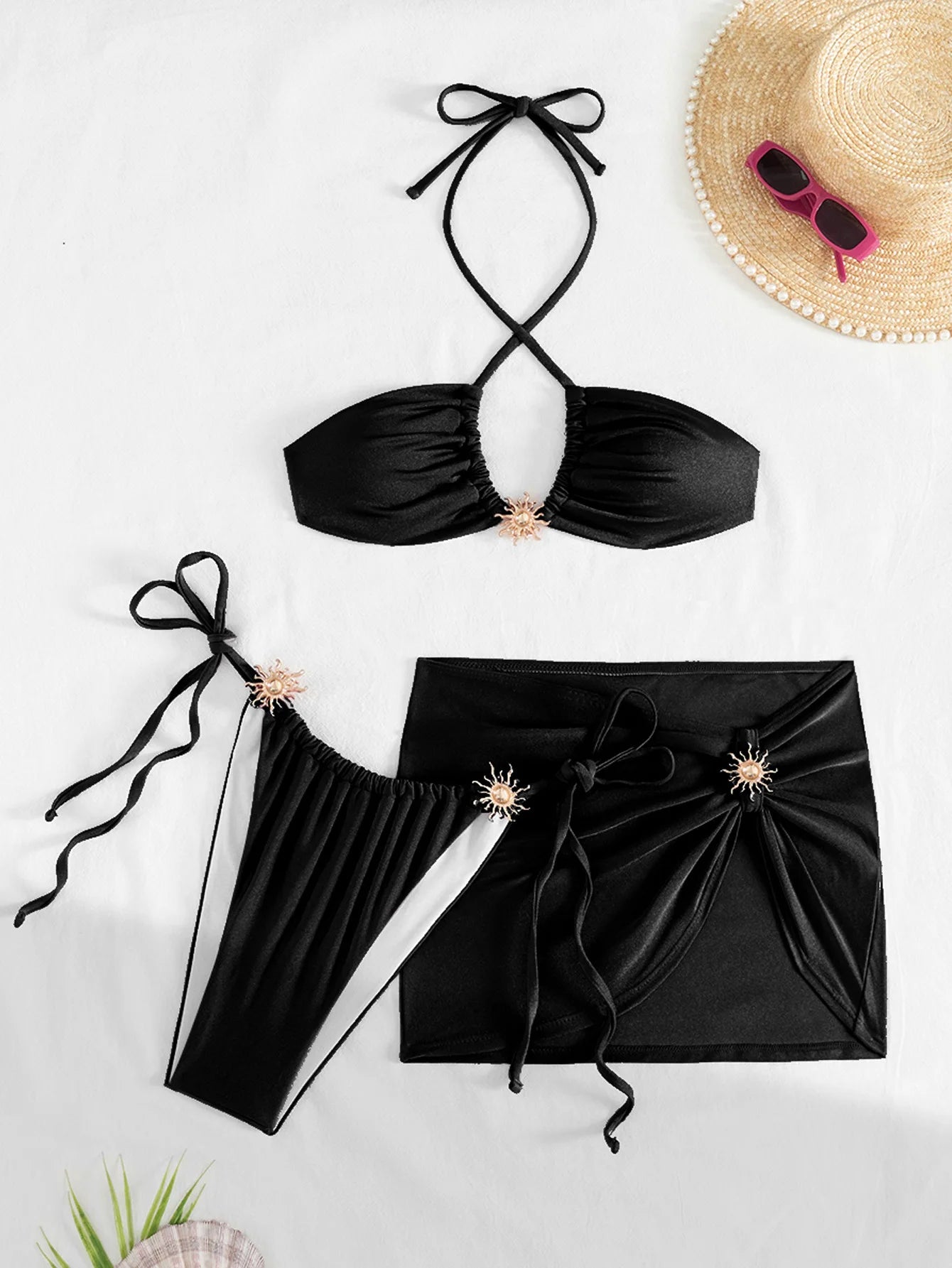 Sexy Metal Sun Ornament Bikini Women Purple Pleate Cross Push Up Mesh Skirt 3 Piece Swimsuit 2025 Beach Bathing Suit Swimwear