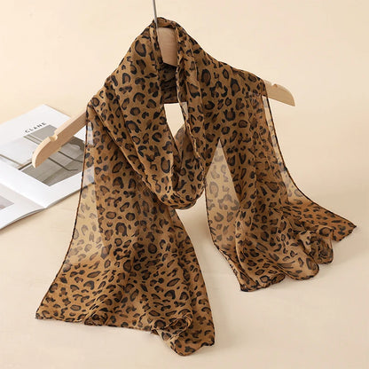 1pc Women Chiffon Classic Leopard Print Scarf Fashionable Comfortable Breathable Shawl Lightweight Headscarf Muslim HIjab Wraps
