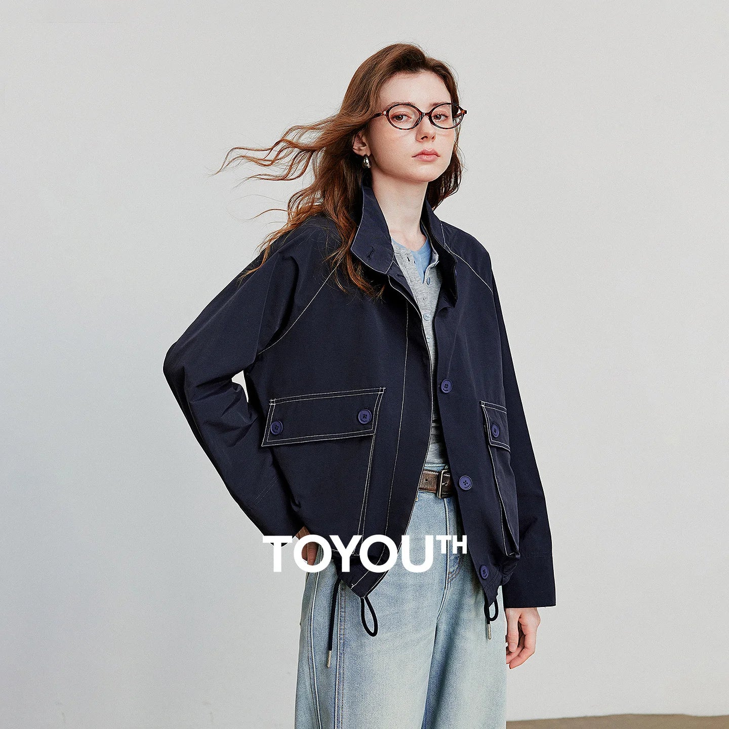 TOYOUTH Women Jacket Coat 2025 Autumn New Barn Style Workwear Large Pocket Stand up Collar Single Breaste Button Outwear Coat
