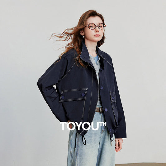 TOYOUTH Women Jacket Coat 2025 Autumn New Barn Style Workwear Large Pocket Stand up Collar Single Breaste Button Outwear Coat