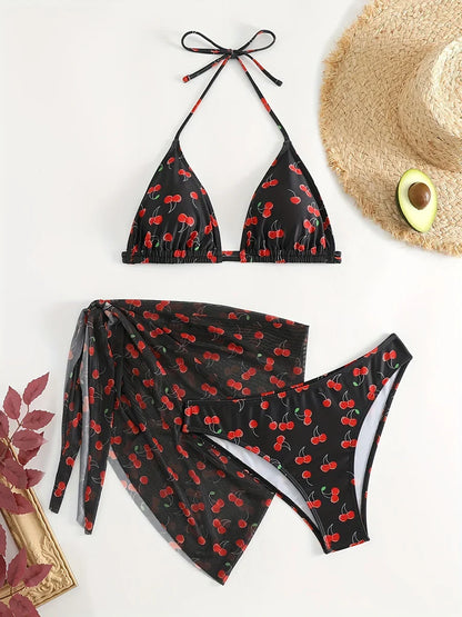 With Mesh Sarong Skirt Cherry Printed Bikini Female Swimsuit Women Swimwear Three Pieces Bikini Set Bathing Suit Swim Beachwear