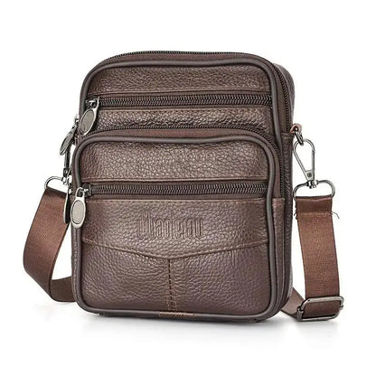 Men’s Genuine Leather Crossbody Bag,Double Zipper Small Shoulder Bag,Compact Multi-Pocket Sling Bag for Everyday Carry