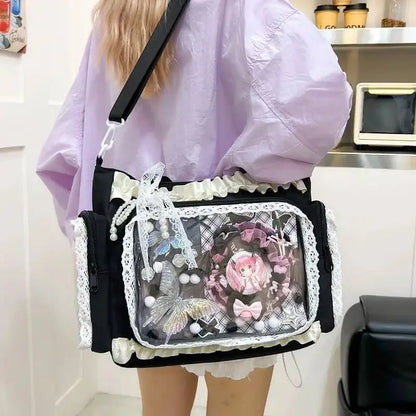 Y2k New Sweet Ita Shoulder Bag Lolita Girl Transparent Crossbody Bag Women Large Capacity Lace Tote Bag Cute DIY Display Handbag