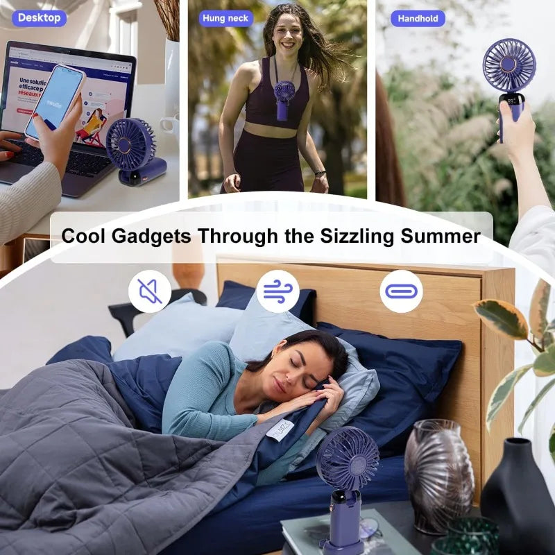 Portable Handheld Fan, Mini Fan, 90° Foldable, 5 Speeds, Handheld/neck-mounted/desktop Three-in-one Small Fan
