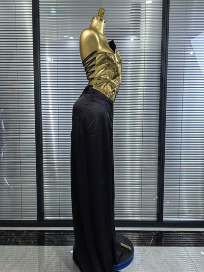High Quality Women Sexy Strapless Golden Tops Long Skirt 2 Pieces Bodycon Dress Nightclub Party Celebrate Birthday Outfit