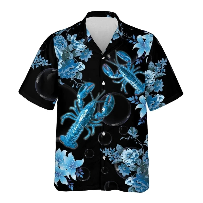 Hawaiian Flower Social Shirt 3d Print Boston Lobster Fashion Short Summer Casual Vintage Harajuku Cadiz Camisas Casuais Blouse