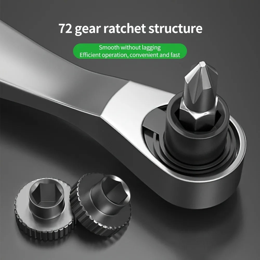 2 in 1 Mini Ratchet Wrench, Durable Chrome Vanadium Steel Wrench with 72 Teeth, 1/4 Inch Drive Socket, Quick Wrench, Hand Tool