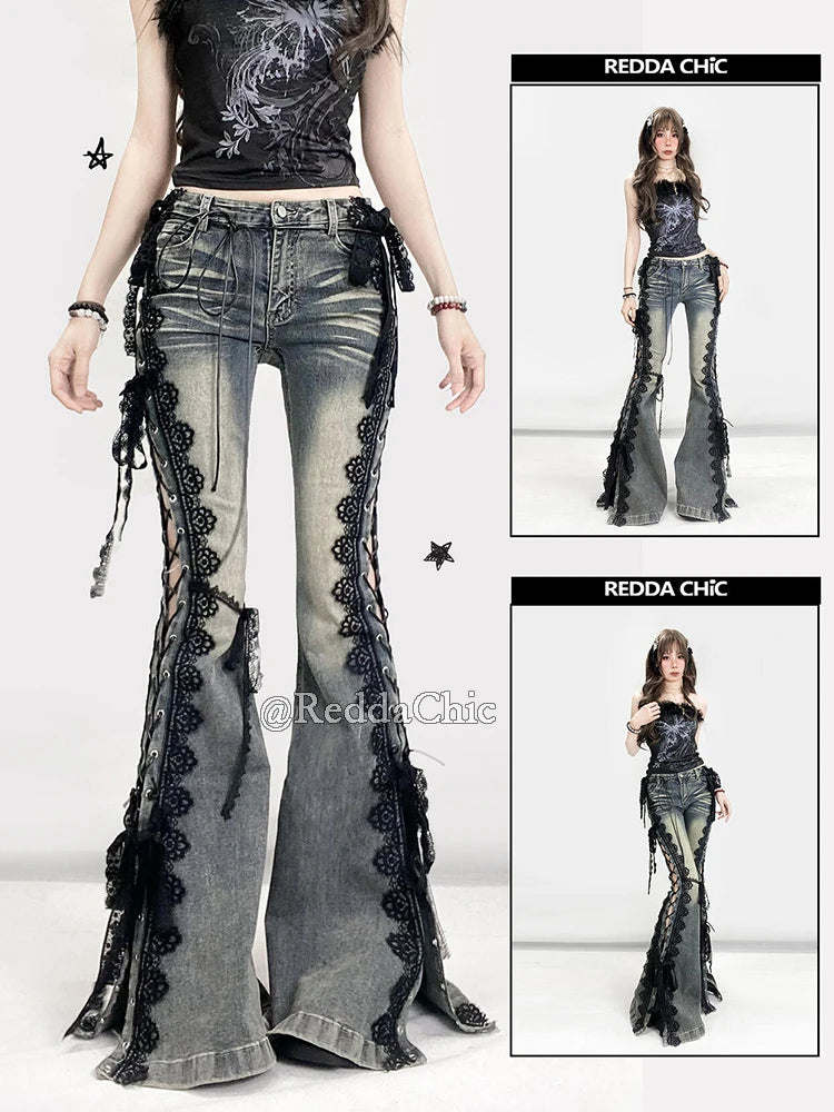REDDACHiC Y2k Low Waist Strappy Jeans Bell Bottoms Retro Stitch Lace Hollow Eyelets Split Stretch Bootcut Pants Women Streetwear