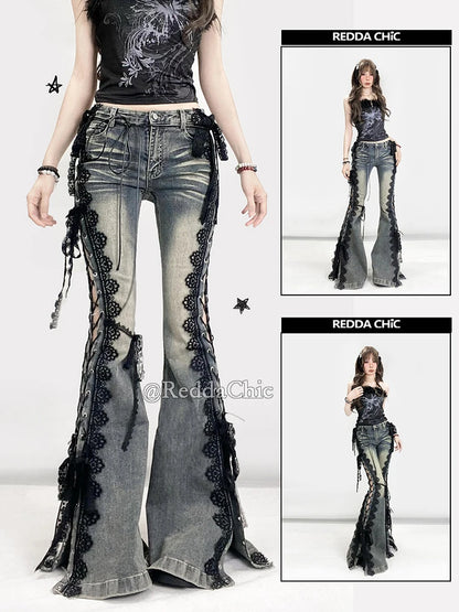REDDACHiC Y2k Low Waist Strappy Jeans Bell Bottoms Retro Stitch Lace Hollow Eyelets Split Stretch Bootcut Pants Women Streetwear