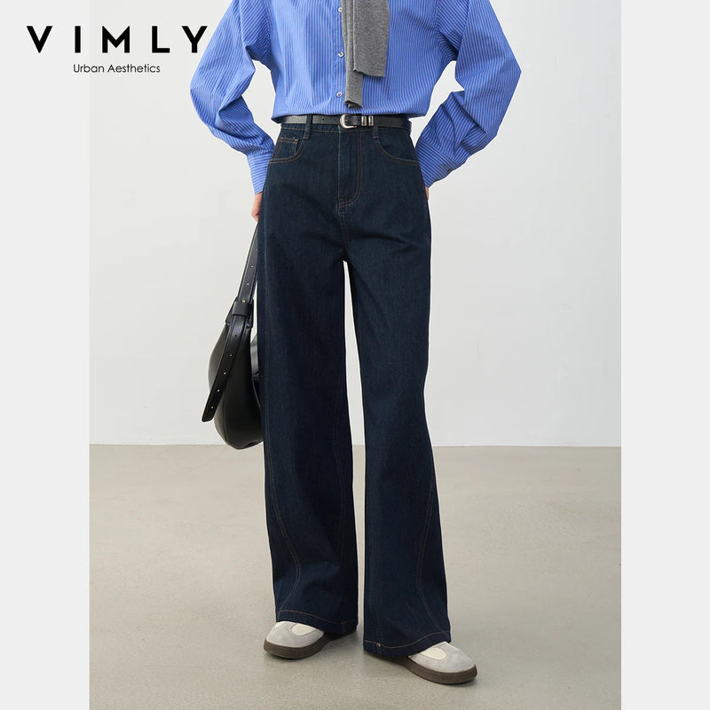 VIMLY Navy Blue Denim Woman Pants Autumn 2025 New Vintage Clothing Pockets Mid-waist Loose Female Trousers Women Clothes 75125