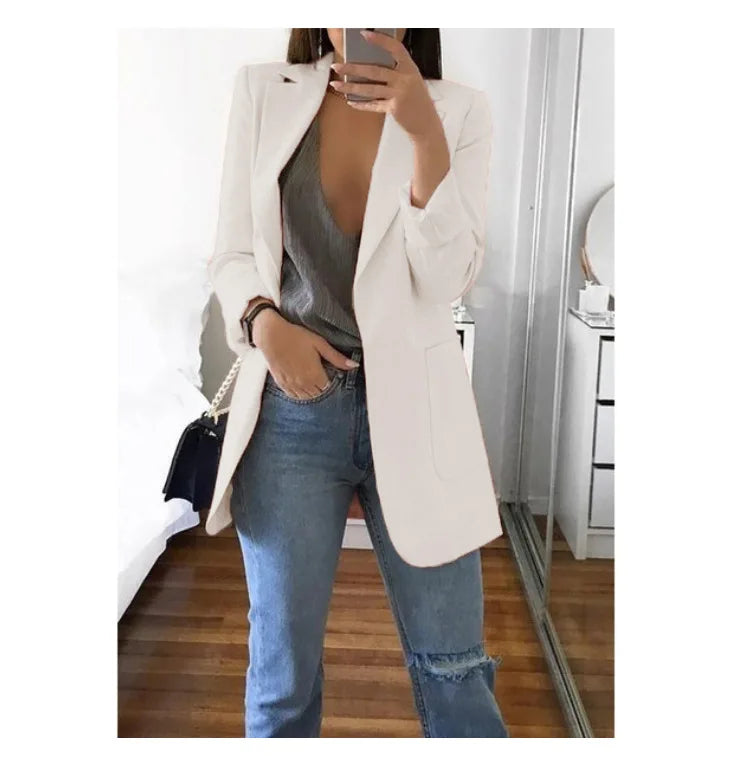 Autumn And Winter Women's Fashion Solid Color Polo Neck Slim Fit Coat Elegant Women's Long Sleeve Pocket Casual Suit Coat S-3XL