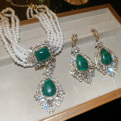Multi-layered pearl court-style luxury heavy-duty earrings and necklace jewelry set