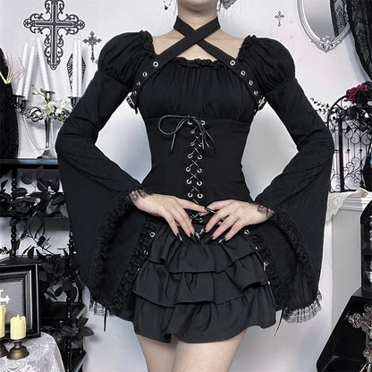 Dark Gothic Vintage Shirt Women's Off-the-shoulder Bell-sleeve Halter Top Y2K Harajuku Sexy Long-sleeve Top Lady Sets