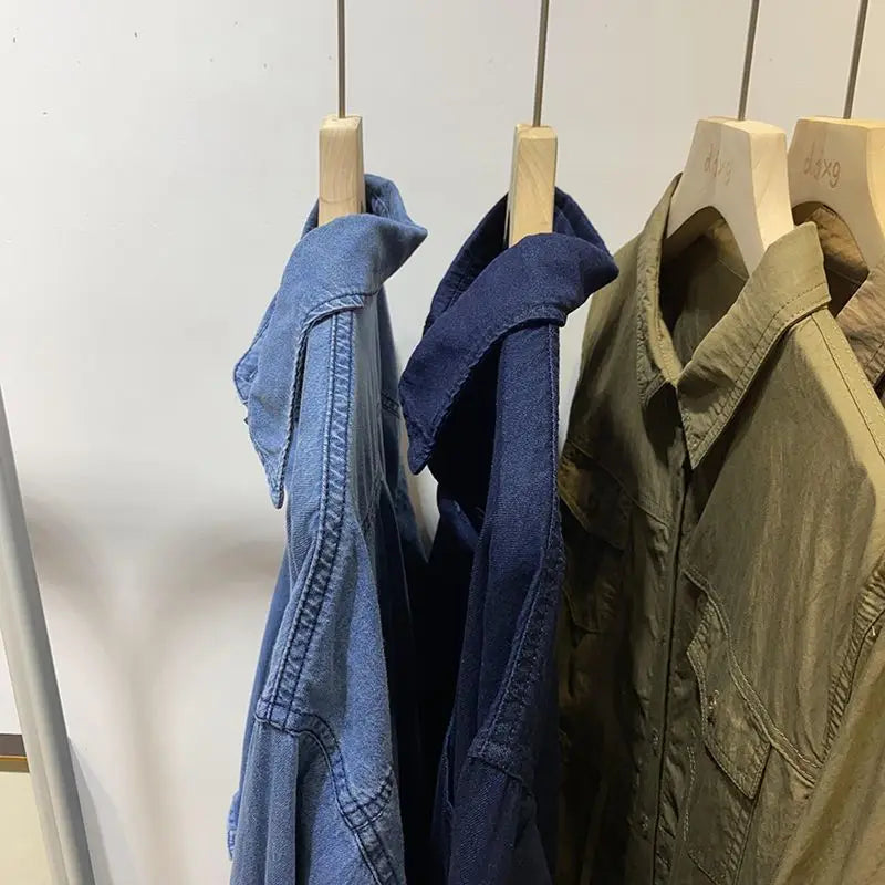 Polo Collar Mid-length Denim Jacket for Women Spring and Autumn Loose Shirt Long Sleeve Top