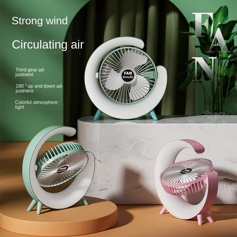 Portable fan, desktop spray, intelligent adjustable, silent, cool air lamp, indoor table fan with seven-color lights