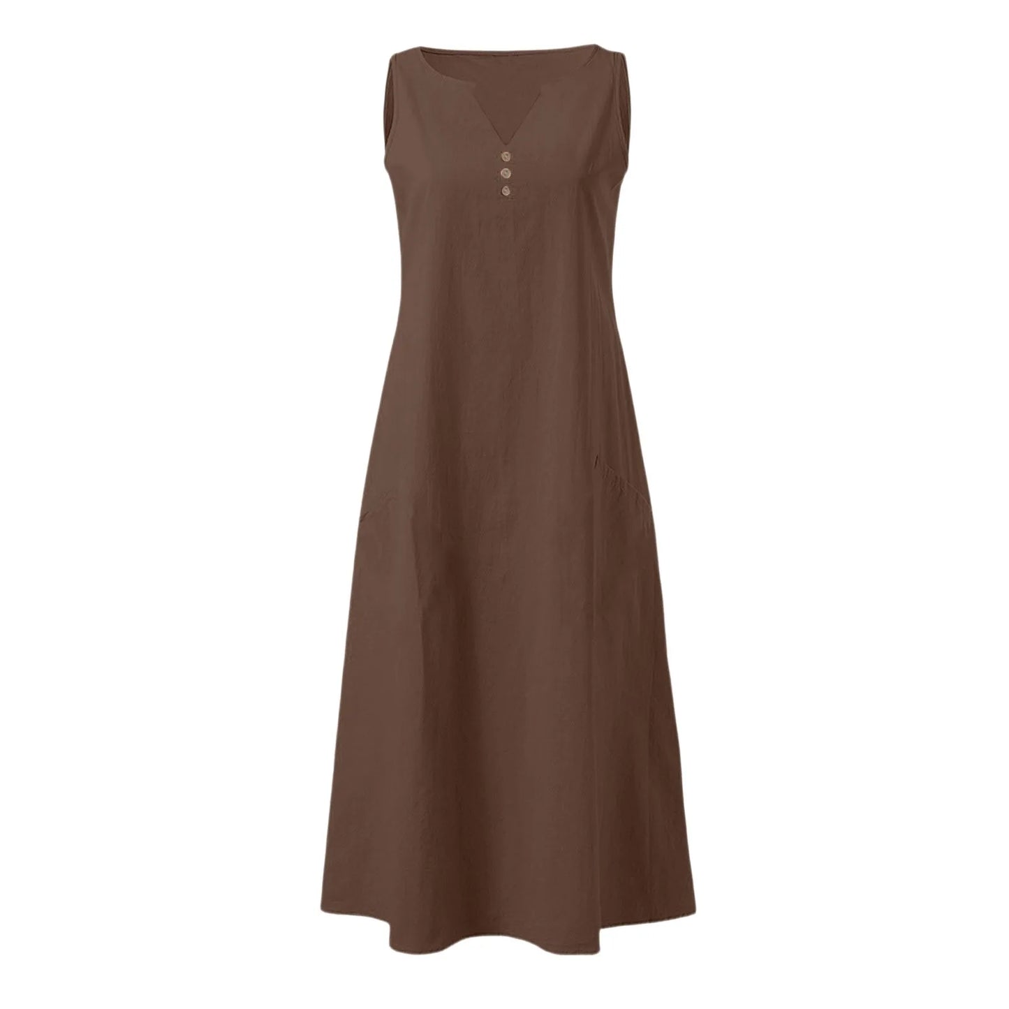 Women's Summer Casual V-neck Button Solid Color Sleeveless Long Dress With Pockets Female Elegant Trendy Casual Loose Dresses