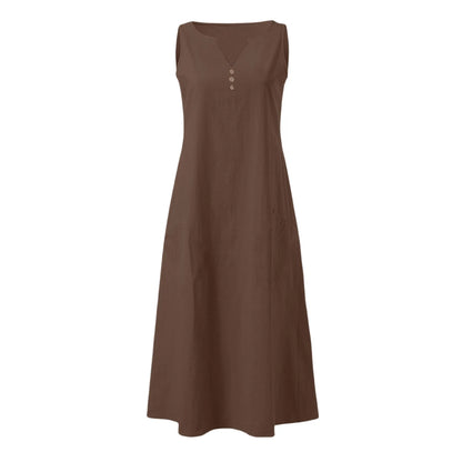 Women's Summer Casual V-neck Button Solid Color Sleeveless Long Dress With Pockets Female Elegant Trendy Casual Loose Dresses