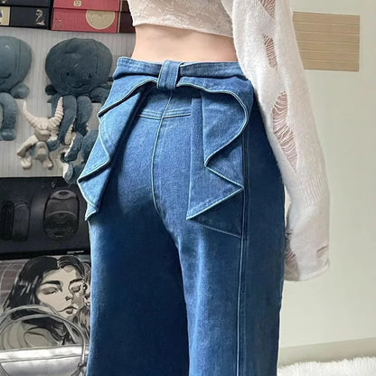 Denim Pant Jeans Women Wide Leg Long Pants High Waist Bow Straight Trousers Y2k Streetwear Casual Party Elegant Work Mom 2025