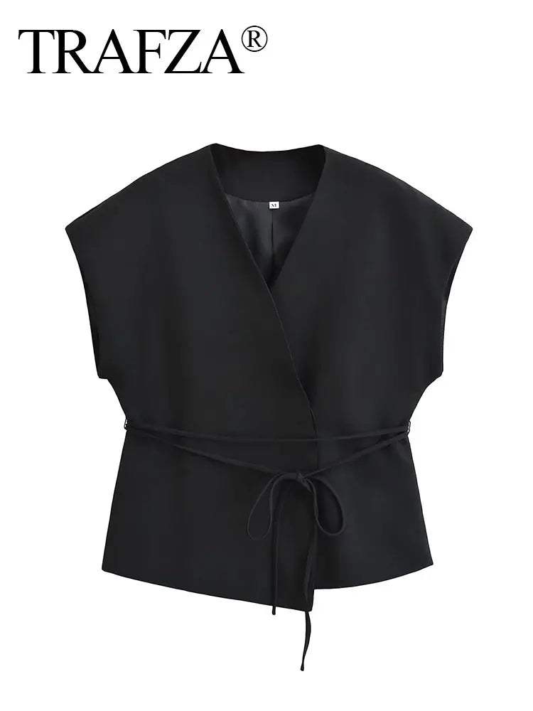HH Women Elegant Solid Vests V Neck Sleeveless Lace Up Shirt Coat Casual Summer Female Fashion Y2k Top Vests