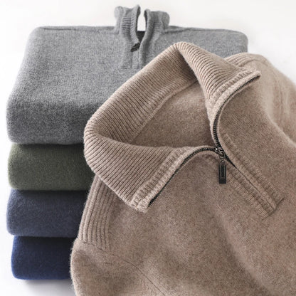 Autumn and Winter New Men's 100% Merino Wool Sweater Casual Knitted Business Half Zip Pullover Thickened Warm Long Sleeve Sweate