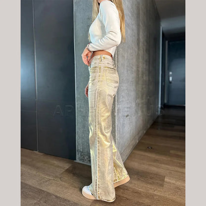Metallic Denim Straight Jeans Wide Leg Women High Waist Loose Pants Y2K Oversize Denim Trousers Hip-hop Streetwear