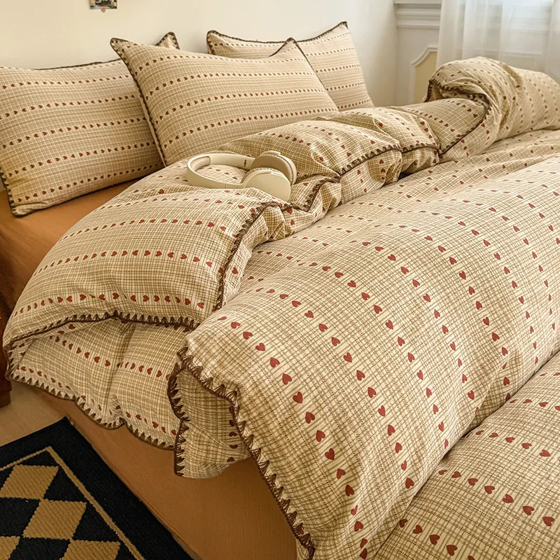 Skin-Friendly Double-Layer Yarn Bedding Set New Country Floral Soft Comforter Sets 100% Cotton Fitted Sheet Kit with Quilt Cover