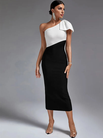 Long Bandage Dress Women One Shoulder Party Dress Maxi Bodycon Elegant Color Block Sexy Birthday Evening Club Outfit Summer 2023