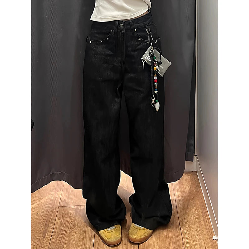 Black Autumn 2025 Blue Jeans Women Y2K Vintage High Waisted Jeans Straight Streetwear Loose Large Wide Leg Denim Pants