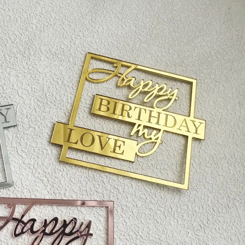 Acrylic Side Happy Birthday Cake Decorations Happy Anniversary Cake Topper Event Party Supplies Baking Decorating Accessories