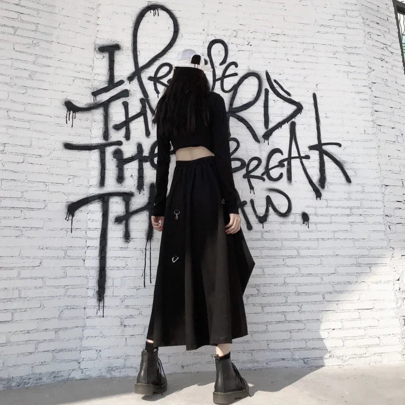 MEXZT Harajuku Cargo Skirts Women High Waist Buckle Irregular Skirts Gothic Punk Freely Adjustable Black A Line Midi Long Skirt