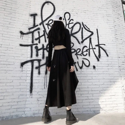 MEXZT Harajuku Cargo Skirts Women High Waist Buckle Irregular Skirts Gothic Punk Freely Adjustable Black A Line Midi Long Skirt