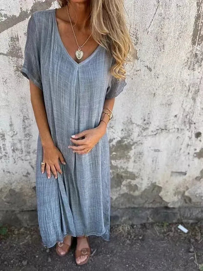 Women's Short-sleeved Cotton and Linen Dress V-neck Loose Large Size Casual Vacation Street Thin Long Skirt
