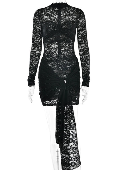 Beyprern Long Sleeve Hollow Out Sheer Lace Midnight Mini Dress Women See-Through Draped Tie-Front Overlay Club Dress Vestidos