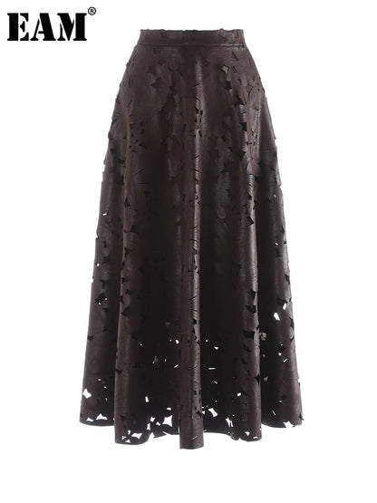 [EAM] High Waist Brown Pu Leather Hollow Out Elegant A-line Half-body Skirt Women Fashion Tide New Spring Autumn 2026 1DJ4309