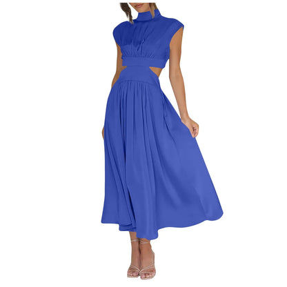 Women's Solid Color Basic Fashion High Waist Hollow Out Sexy Casual Streetwear High Neck Sleeveless Pocket Open Waist Maxi Dress