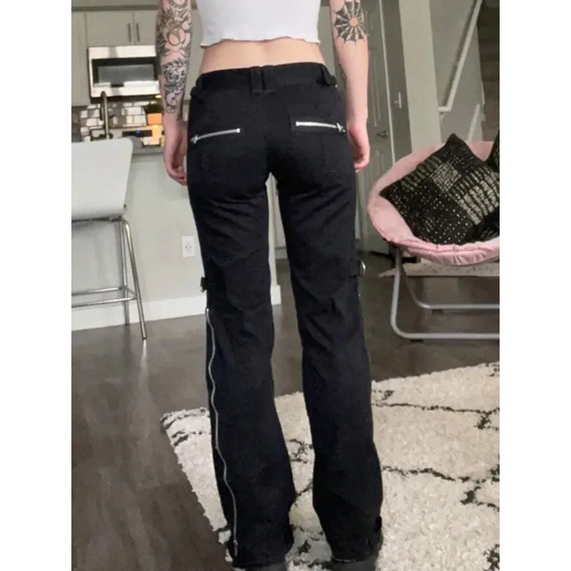 Women's Low Waist Emo Jeans, Dark Punk Jeans, Y2k Grunge,Mall Gothic, Black Patchwork, Electro Pants, Fashion Streetwear, Alt Cl