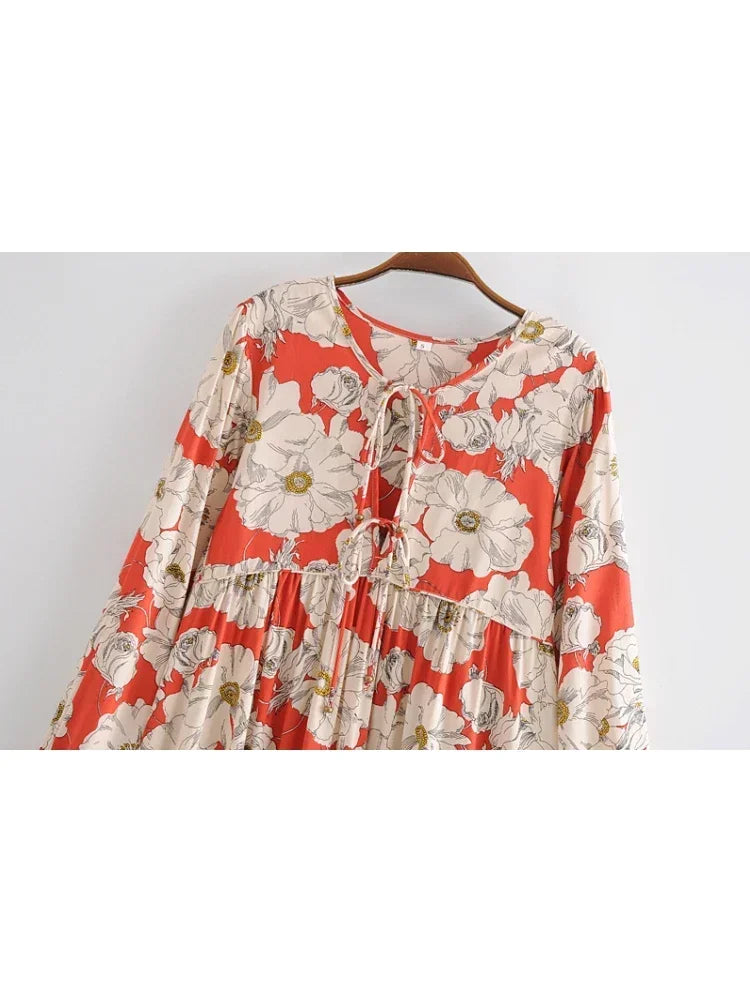 Ethnic Multi Floral Print Vintage Chic Women Long Sleeve Tie Neck Beach Bohemian Maxi Dresses Ladies Rayon Boho Dress Vestidos