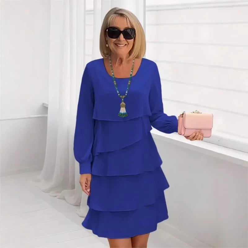 Autumn Women's Cake Chiffon Dress New Casual Elegant O-Neck Party Irregular Layered Long Sleeve Fashion Mini Dresses For Women