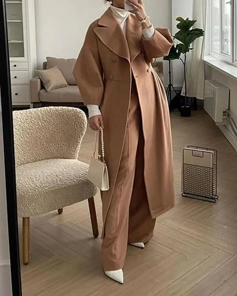 Elegant Solid Woolen Blend Overcoat Women Fashion Thick Lapel Double-Breasted Long Sleeve Jacket 2025 Spring Autumn Lady Outwear