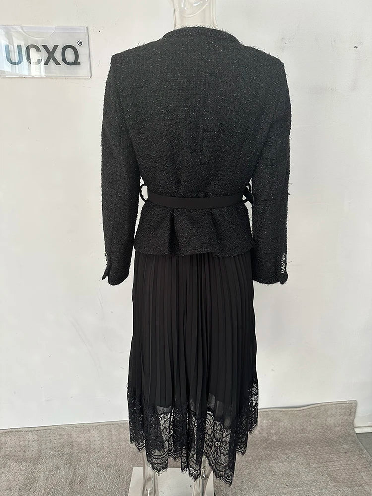 UCXQ Vintage Beading Buttons O-neck Black Dress With Belt Summer 2023 Women Evening Dresses Ladies Wedding Party Clothes Tide
